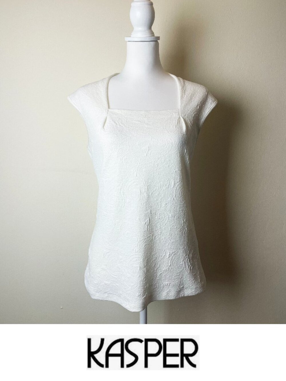 Kasper Textured White Cap Sleeve Blouse Square Neck Size Small